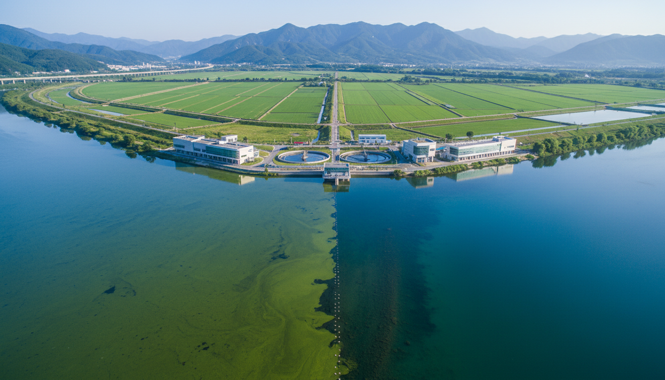 낙동강 본류 상공에서 바라본 녹조 현상 구간과 하수처리시설 인프라가 대비되는 2030년 수질 1등급 달성 정책 인포그래픽