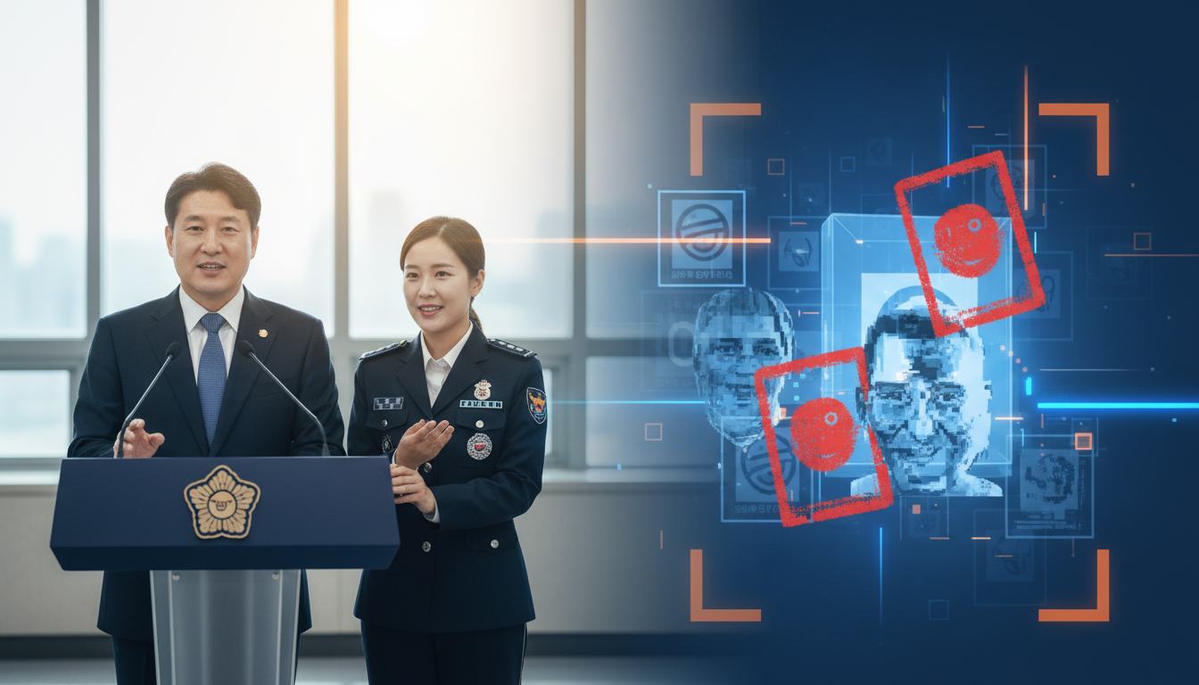 검찰청장과 경찰청장이 나란히 서서 AI 딥페이크 가짜뉴스 근절을 위한 합동 담화문을 발표하는 공식 기자회견 장면