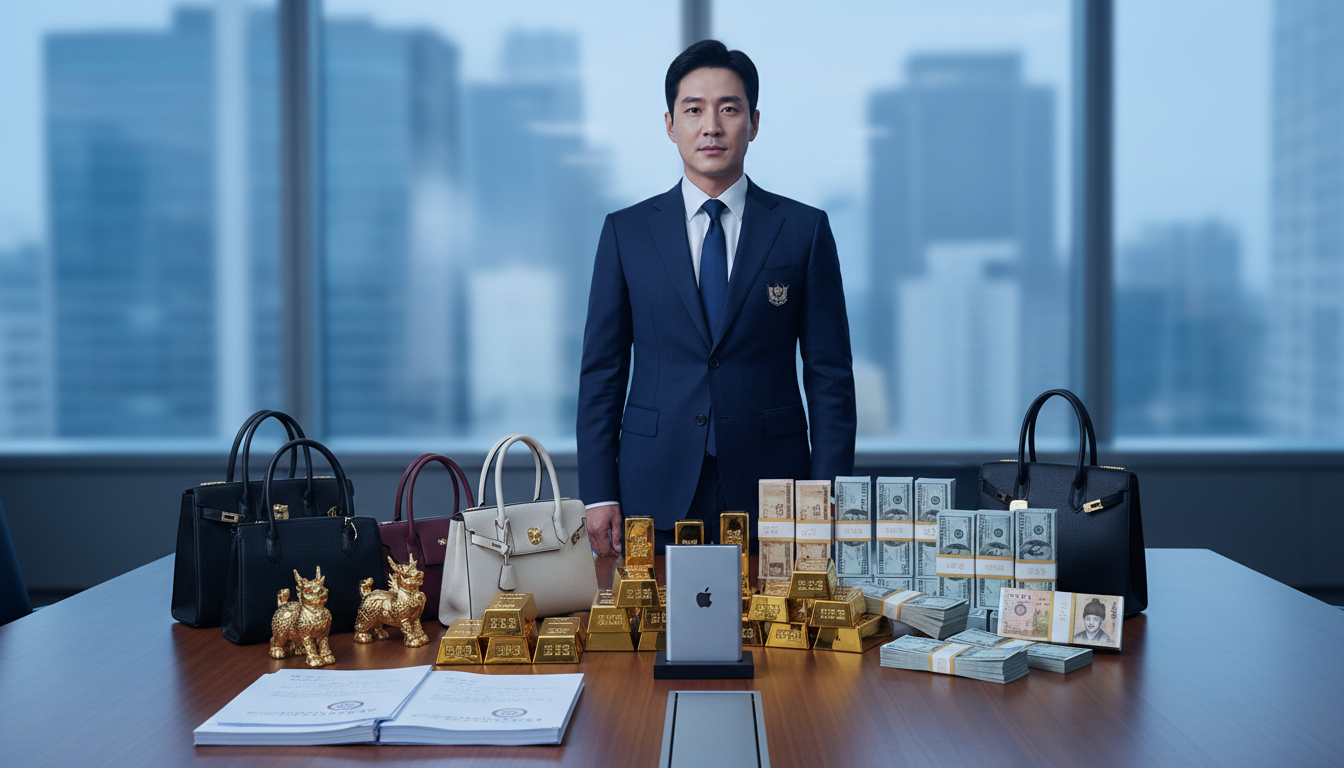 국세청 특별기동반이 고액 체납자 자택에서 현금 다발·명품 가방·귀금속·가상자산 USB를 압류한 현장 수색 결과물이 테이블 위에 놓인 모습