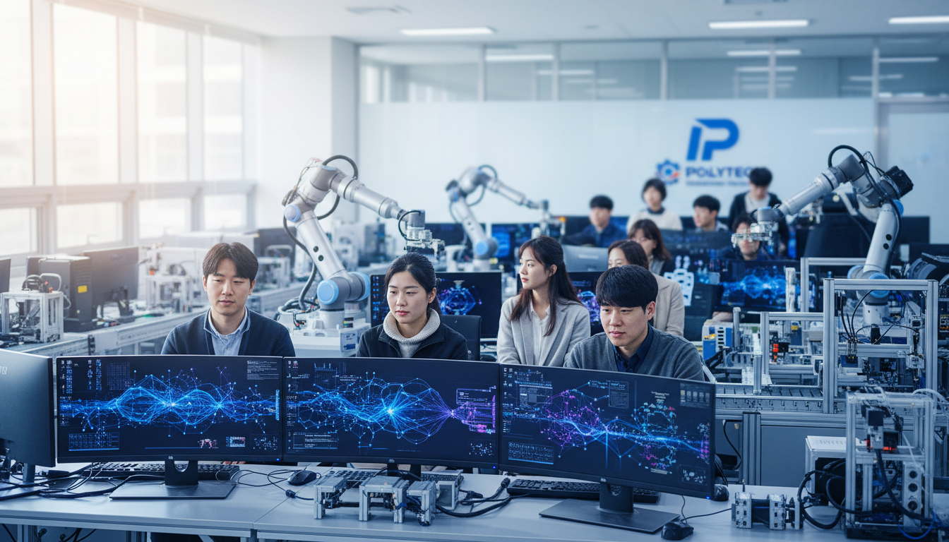 전국 38개 한국폴리텍대학 캠퍼스에서 재직자와 구직자들이 로봇 장비와 AI 인터페이스를 활용해 AX 교육 실습을 받는 모습