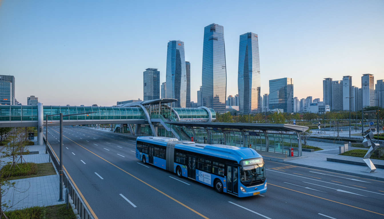 세종시 행복도시 도로 중앙 전용차로를 달리는 세종 BRT 버스와 고상 플랫폼 정류장 전경