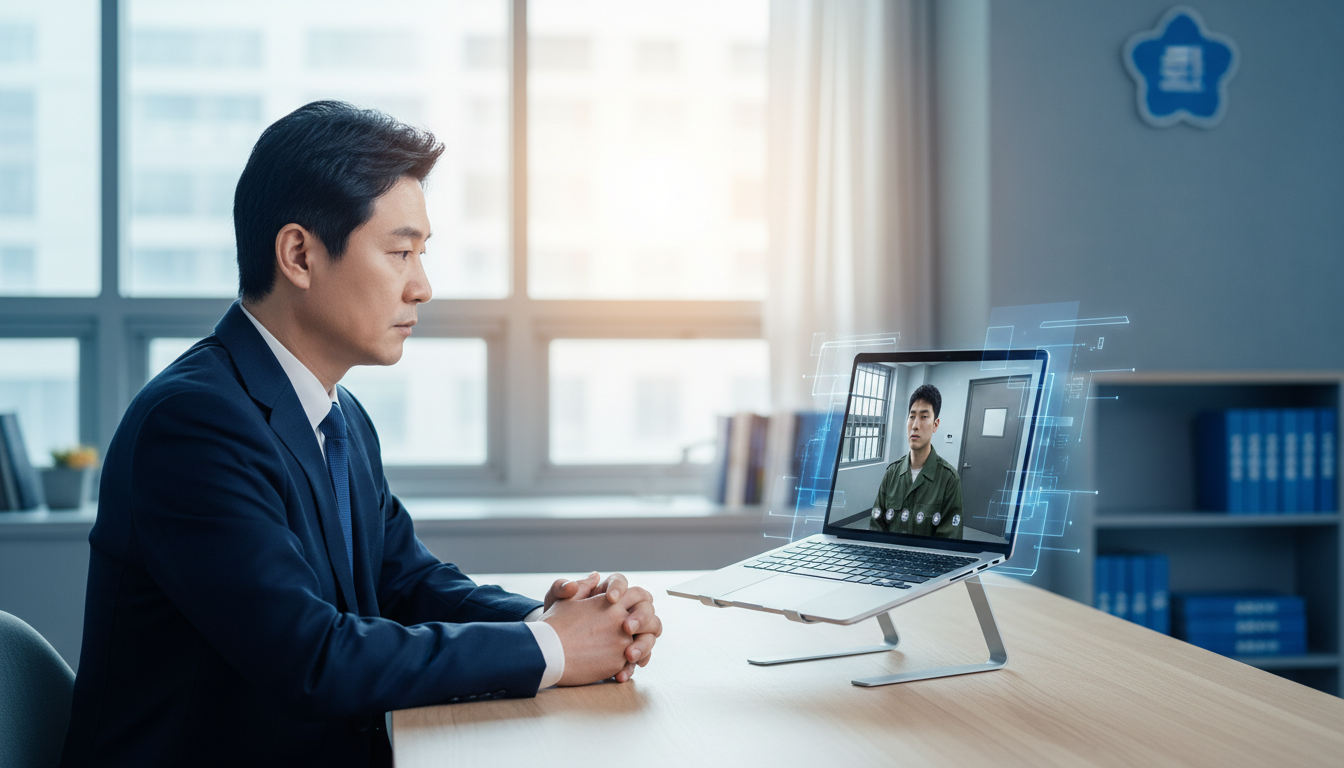 변호사가 노트북으로 교정시설 수용자와 화상 접견하는 장면 — 법무부 변호인 스마트접견 2026년 전국 확대