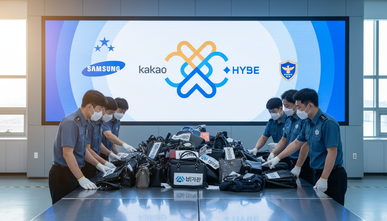 인천세관 해상특송물류센터에서 관세청과 삼성전자·카카오·하이브 등 K-브랜드 14개사 대표들이 위조품 공동 대응을 위한 민관협의체 발족식에 참여하는 장면