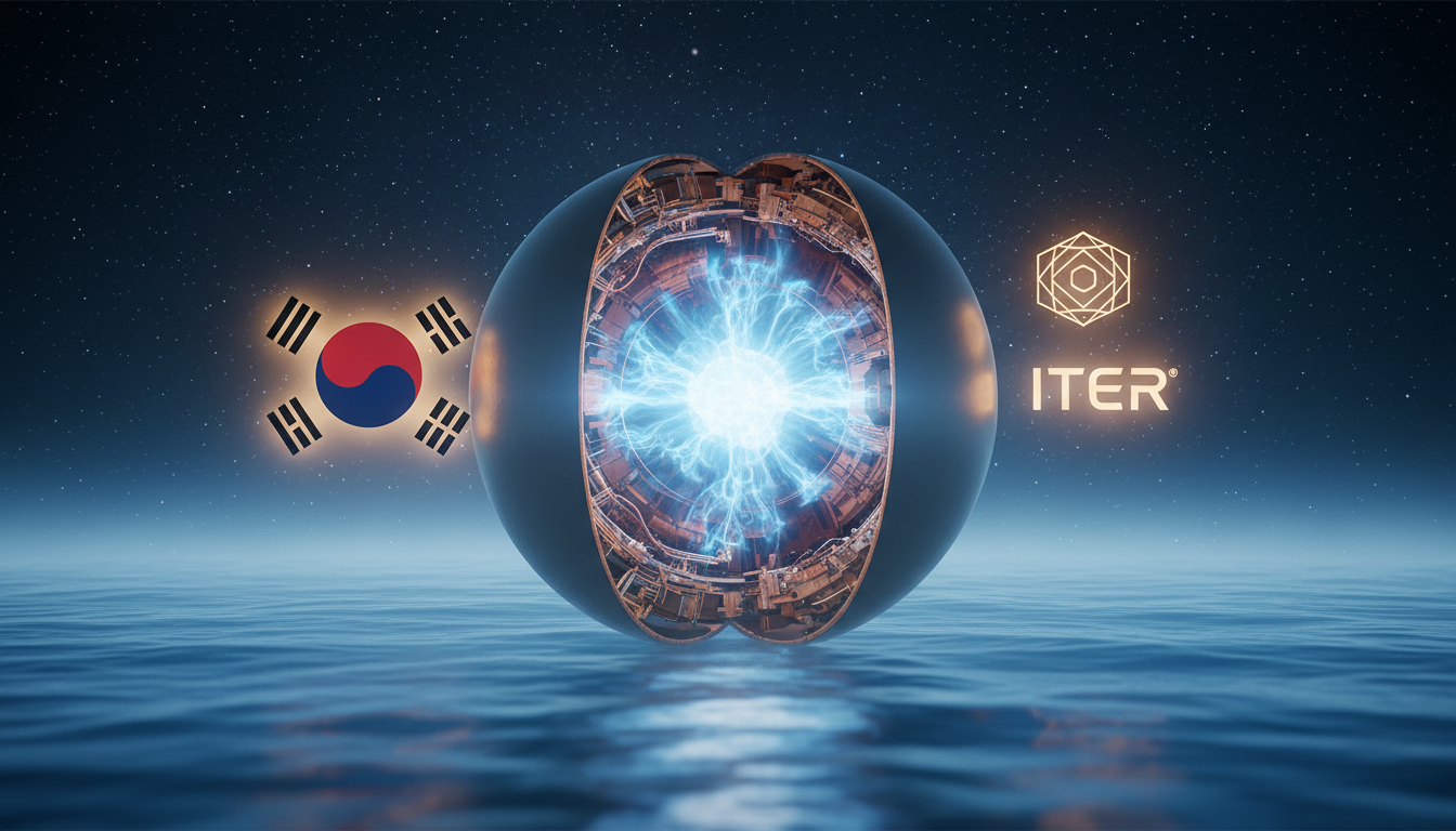 대한민국 핵융합 연구장치 KSTAR가 1억℃ 초고온 플라즈마를 생성하는 장면과 ITER 국제핵융합실험로 건설 현장, 그리고 미래 청정에너지를 상징하는 바닷물 배경이 어우러진 이미지
