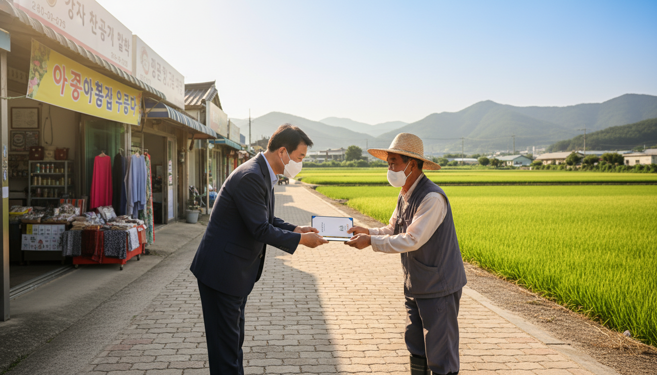 전국 10개 시범 군에서 농어촌 기본소득 지역사랑상품권을 처음 수령하는 농촌 주민과 활기를 되찾은 지역 상점가