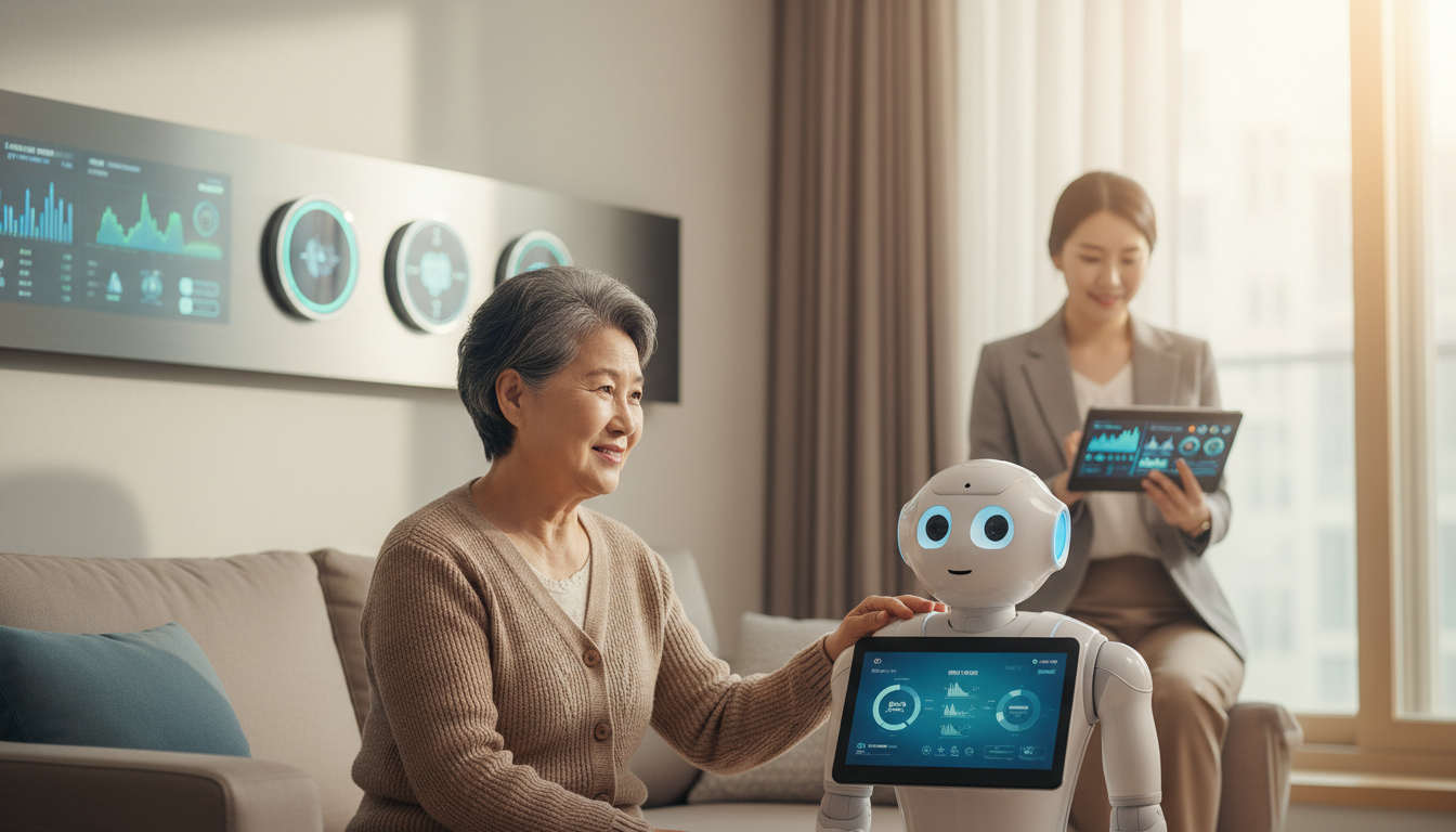 AI 돌봄 로봇과 스마트 안전 센서가 설치된 밝은 거실에서 노인이 안심하고 생활하며, 사회복지사가 태블릿으로 AI 복지 리포트를 확인하는 모습