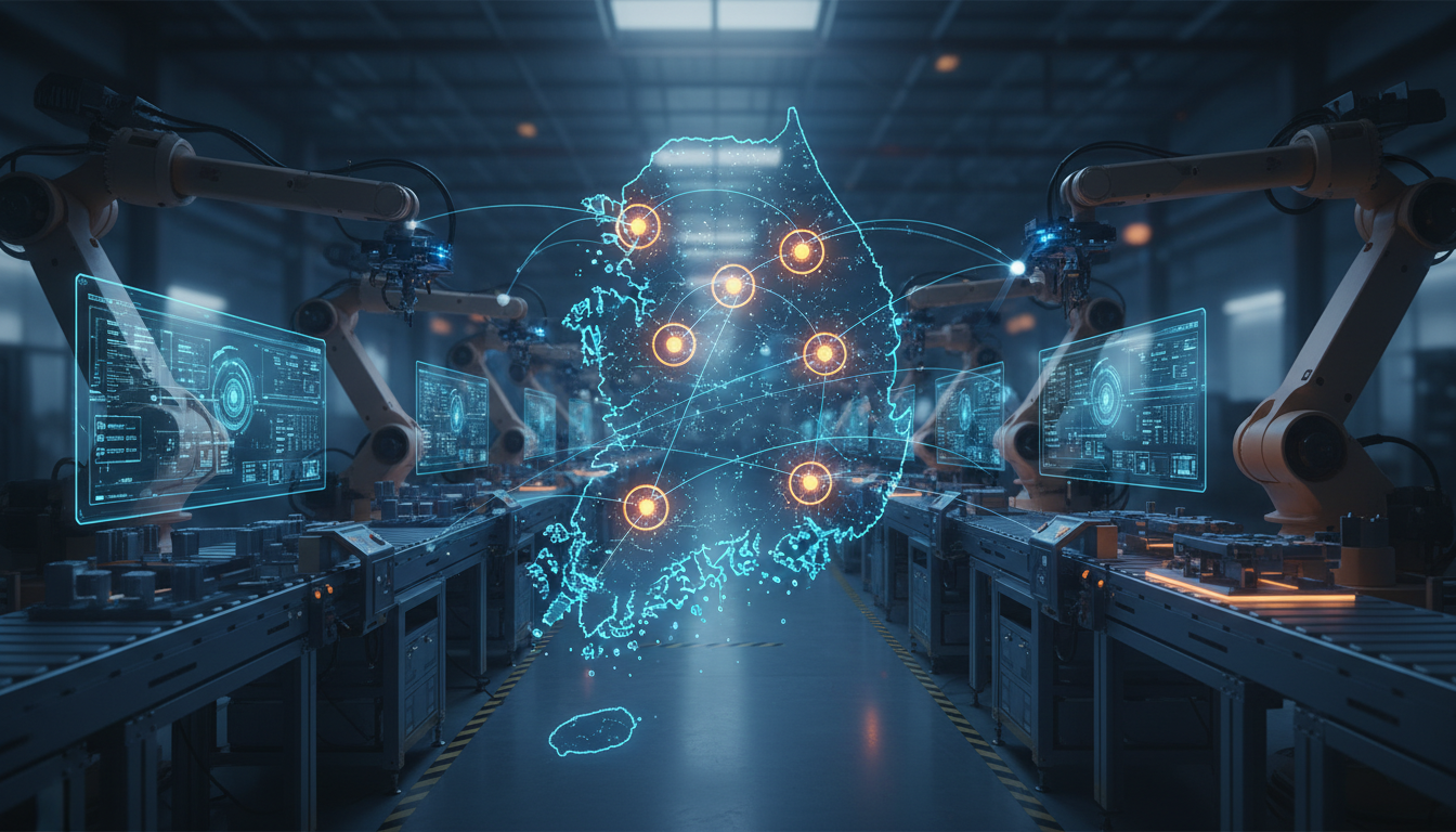 창원국가산업단지를 배경으로 AI 로봇이 자율 운영되는 다크팩토리 내부와 전국 10개 MINI 얼라이언스 지역을 표시한 한국 산업단지 지도