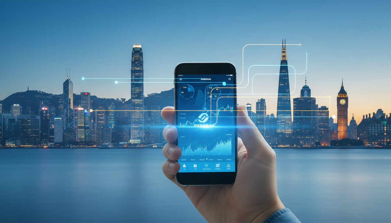 해외 투자자가 스마트폰 앱으로 삼성전자 주식을 매수하는 장면, 배경에 서울 여의도 금융가와 외국인 통합계좌 구조 다이어그램