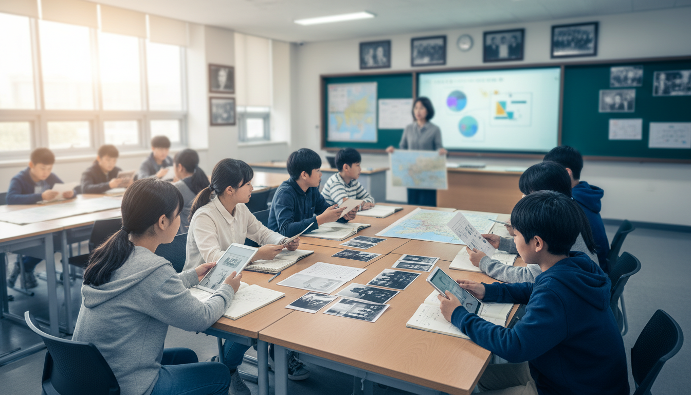 교육부 학교 역사교육 활성화 방안 발표 자료를 배경으로, 학생들이 독립운동 사적지를 탐방하며 역사 탐구활동을 하는 장면