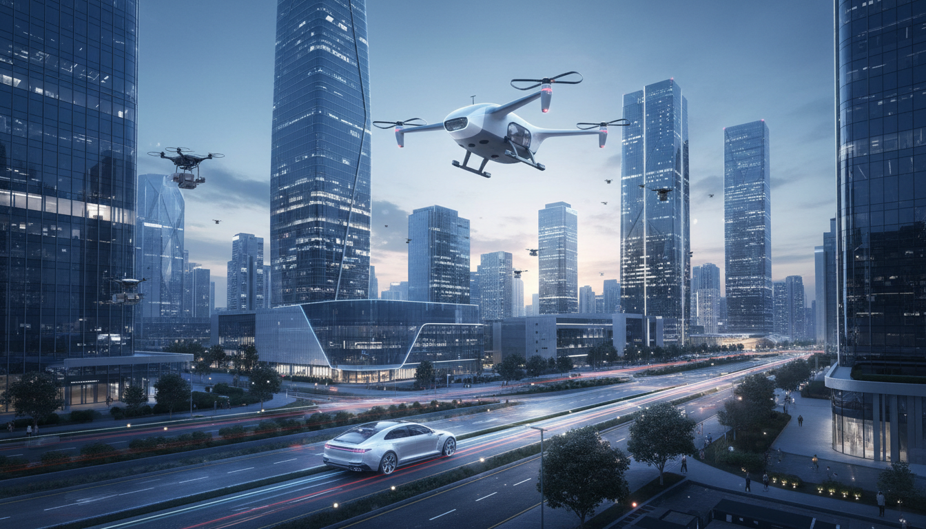 2030 모빌리티 혁신 로드맵 — 자율주행 레벨4 차량이 스마트 도로를 달리고 UAM 플라잉택시가 도심 상공을 비행하는 미래 교통 도시 조감도