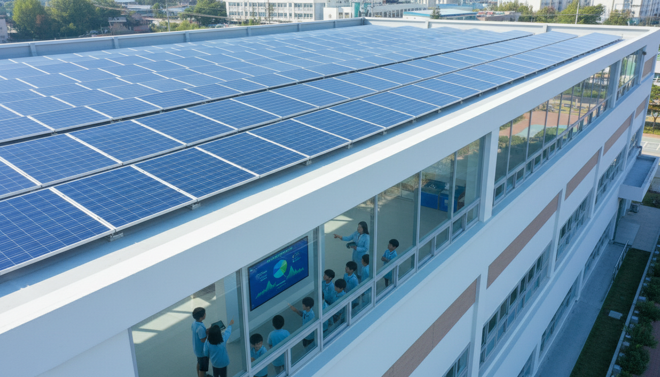 전국 국공립 초등학교 옥상에 태양광 패널이 가득 설치된 항공 사진과, 교실 내 대형 화면에 실시간 발전량·탄소 감축 수치가 표시되는 기후 생태 전환 교육 장면