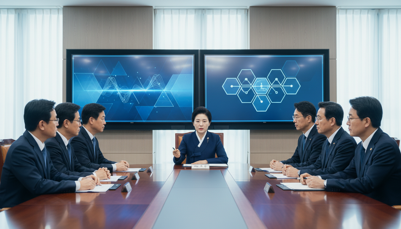 정부서울청사에서 열린 AI 가짜뉴스 대응 관계장관회의, 8개 부처 장관들이 참석한 가운데 딥페이크 탐지 화면과 선거 보안 대책이 스크린에 표시된 장면