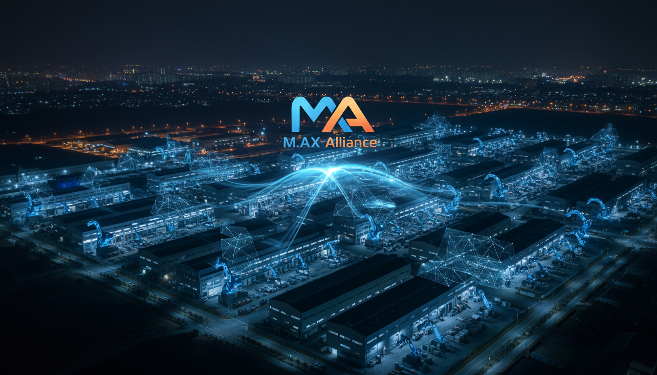 창원 국가산업단지 야경에서 로봇 팔과 AI 시스템이 자동으로 가동 중인 다크팩토리 내부, M.AX 얼라이언스 산업단지 AX 분과 출범 현장