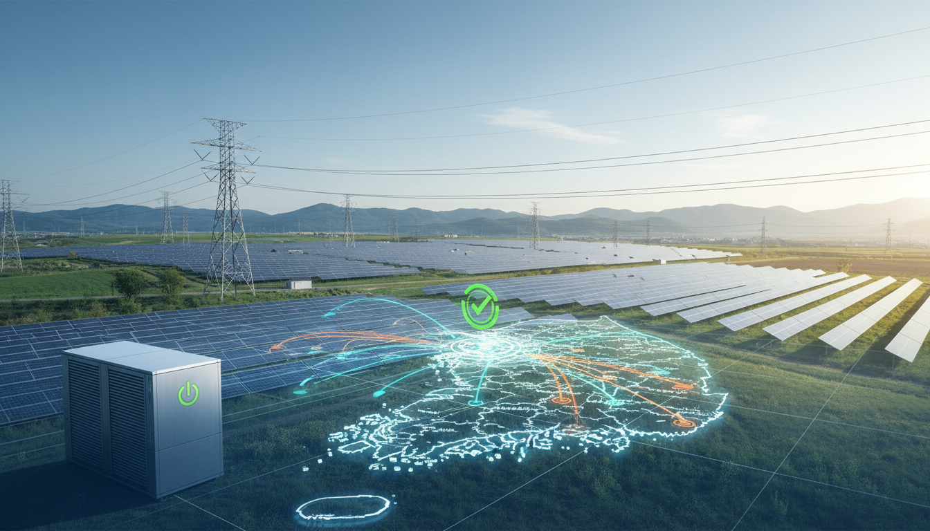 봄철 들판에 설치된 태양광 패널과 고압 송전탑이 연결된 한국 스마트 그리드 전력망 균형 시각화