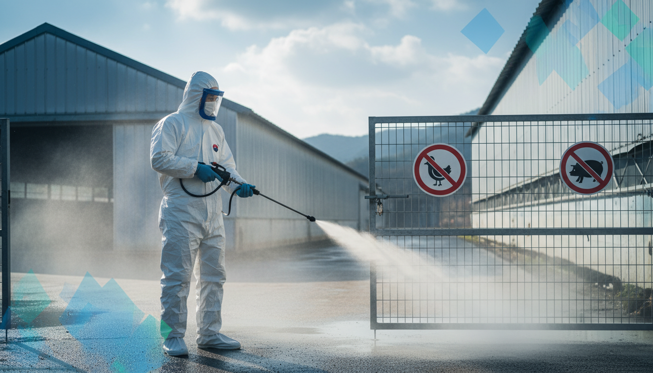 농림축산식품부 방역 공무원이 가금농장 입구에서 고병원성 조류인플루엔자·아프리카돼지열병 특별방역 점검을 실시하며 차량 소독 작업을 진행하는 장면