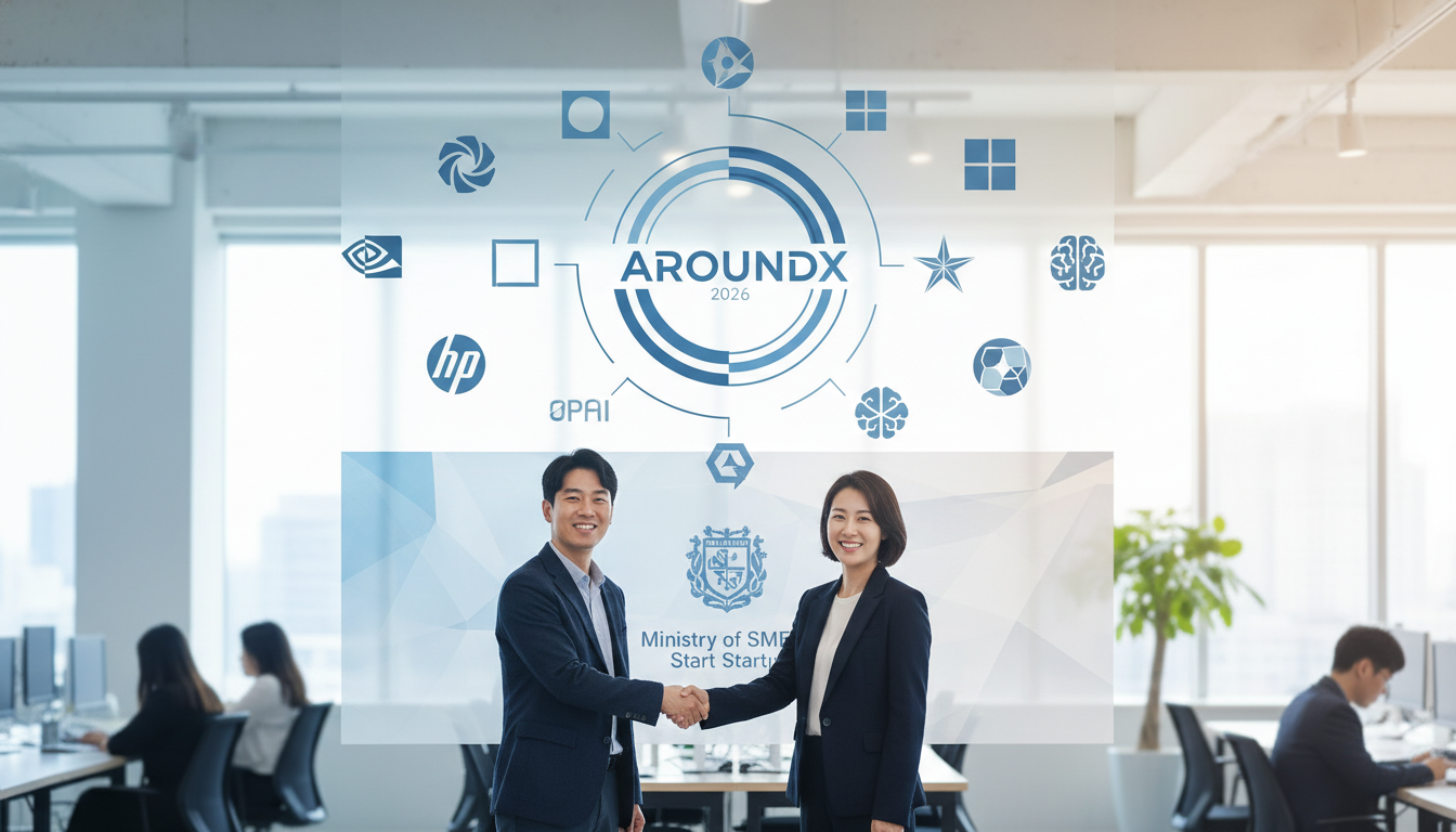 중소벤처기업부 AroundX 2026 글로벌 기업 협업 프로그램 — OpenAI·메르세데스-벤츠·HP·아스텔라스 등 17개 글로벌 기업 로고와 국내 스타트업이 협력하는 오픈이노베이션 장면
