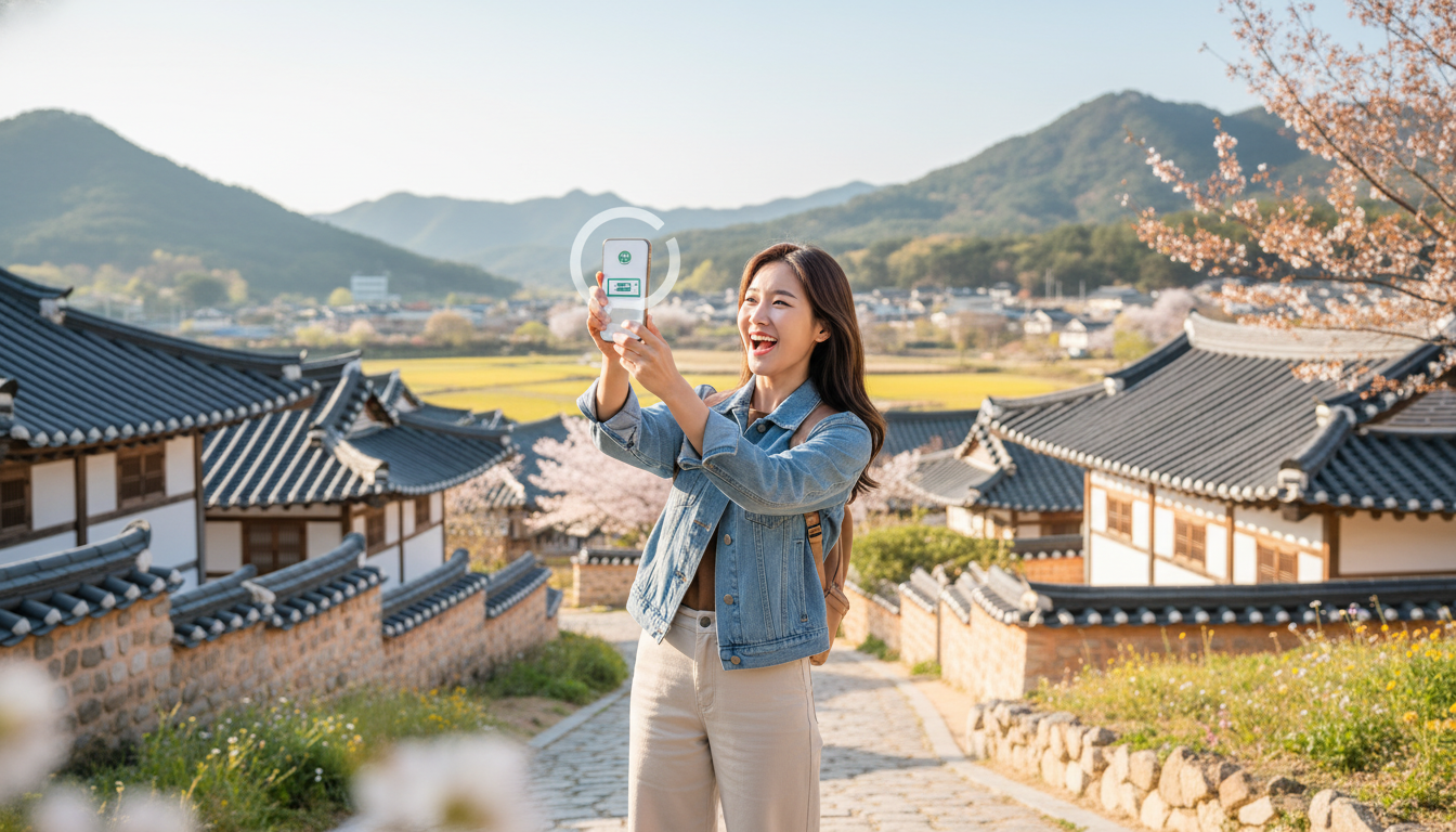 강원도 농촌 마을 풍경을 배경으로 여행자가 스마트폰에 표시된 모바일 지역사랑 상품권 환급 알림을 확인하는 장면