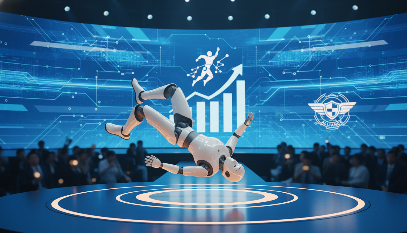 대구 첨단로봇 실증지원센터에서 28종의 산업용 로봇이 동시에 가동되는 가운데, 현대자동차 아틀라스 휴머노이드 로봇이 무대 위에서 텀블링 동작을 시연하는 모습