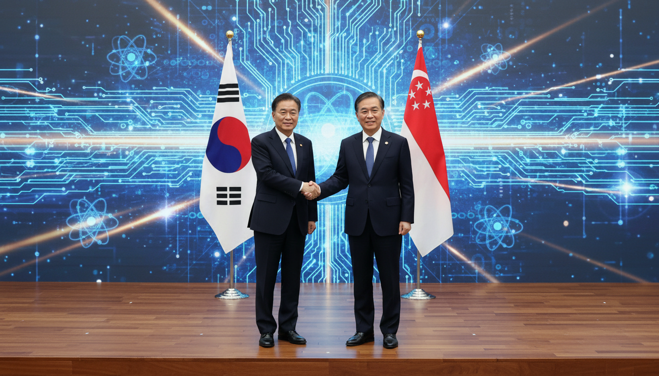 이재명 대통령과 싱가포르 로렌스 웡 총리가 AI 커넥트 서밋 무대에서 악수하며 양국 국기를 배경으로 전략적 파트너십을 선언하는 외교 현장