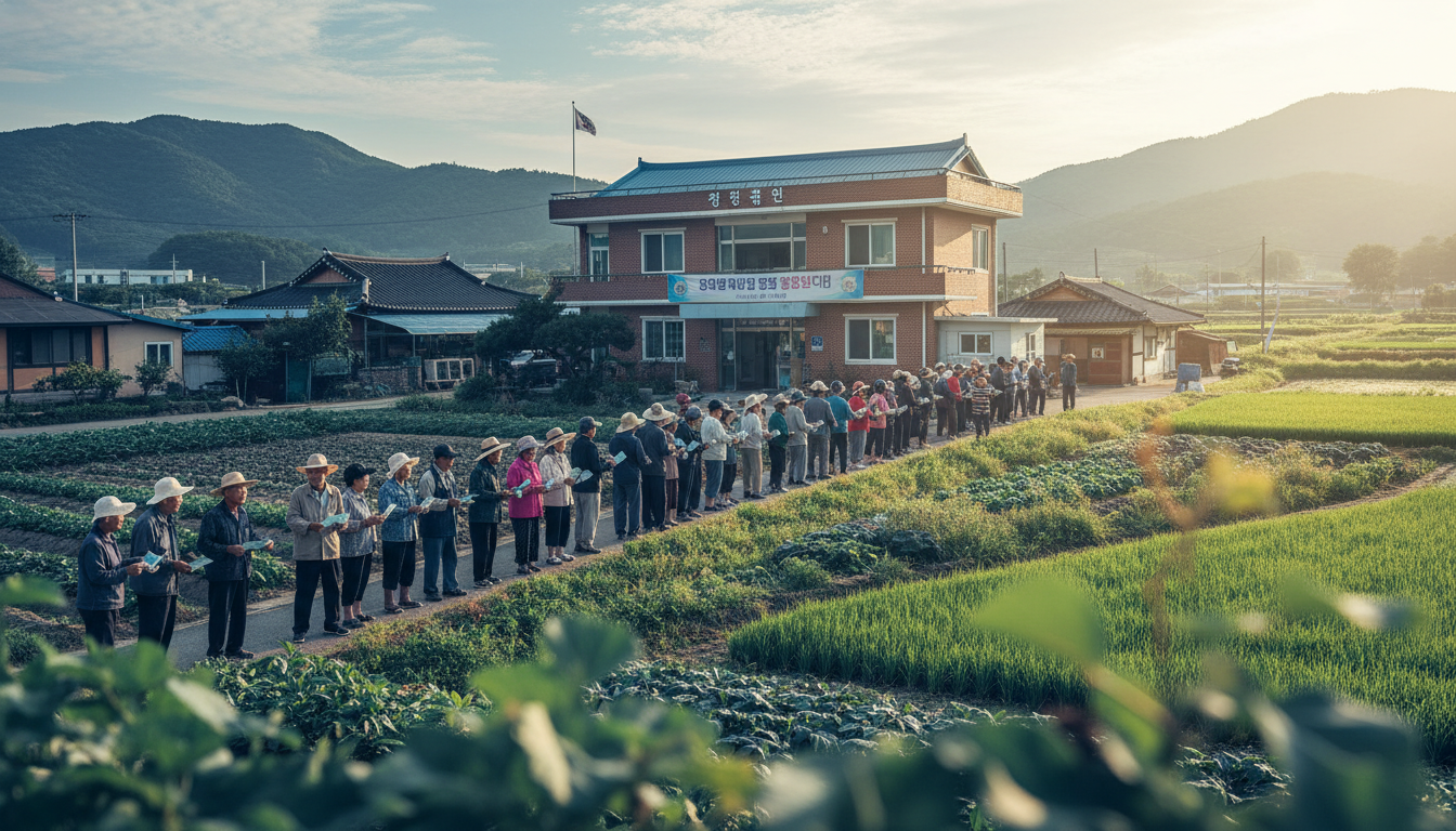 농림축산식품부 농어촌 기본소득 시범사업 첫 지급일인 2026년 2월 26일 전북 장수군 군청 앞 지역 상점 부스 행사 현장