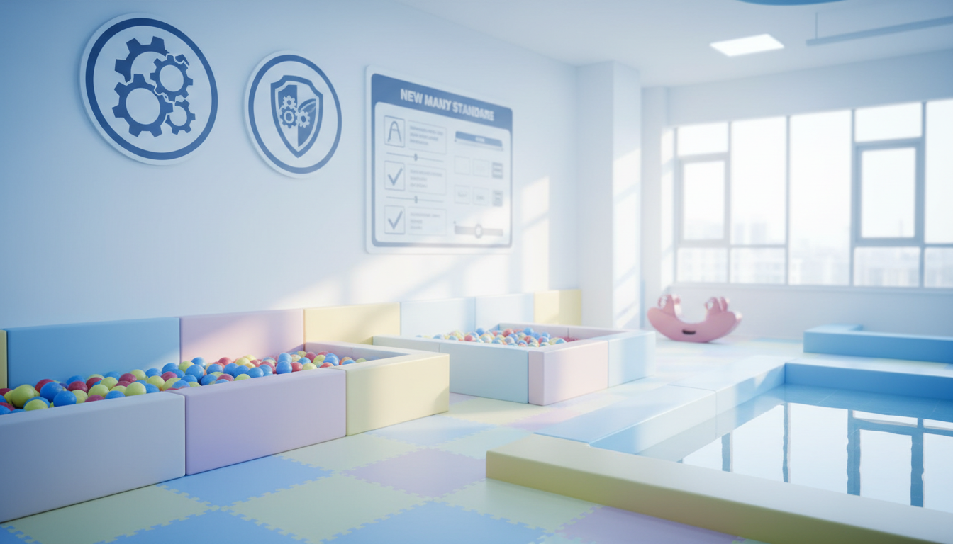 무인 키즈카페 내부에서 어린이들이 볼풀과 매트 위에서 놀고 있는 장면 위에 어린이놀이시설 안전관리법 개정 의무사항 인포그래픽이 오버레이된 이미지