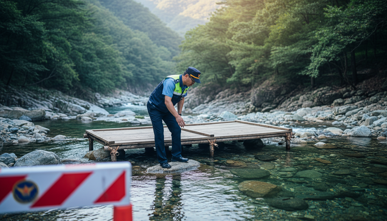 행정안전부 특별사법경찰이 여름 계곡에 무허가로 설치된 평상·파라솔 시설을 현장 단속하는 모습