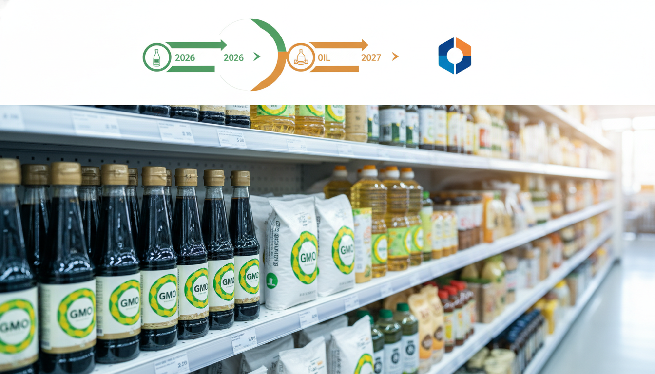 식품의약품안전처 GMO 완전표시제 시행 일정 인포그래픽 — 간장 2026년, 당류·식용유지류 2027년 표시 의무화