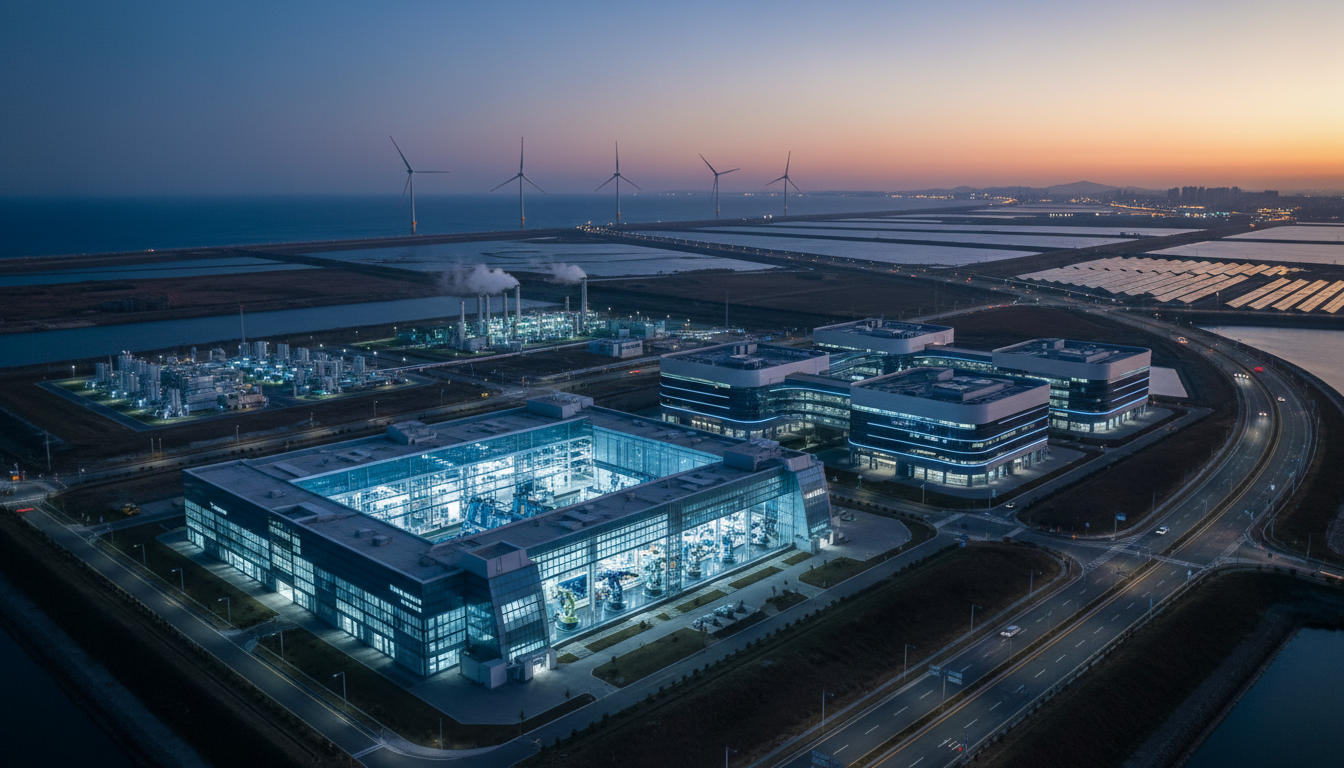 이재명 대통령과 정의선 현대자동차그룹 회장이 전북 군산 새만금컨벤션센터에서 로봇·수소·AI 시티 투자 협약서에 서명하는 장면