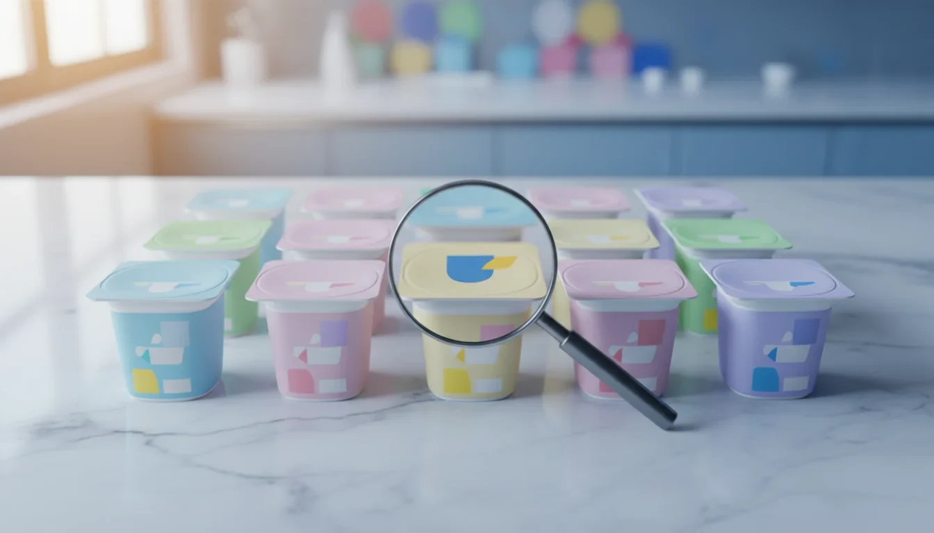 그릭요거트 17개 제품이 나란히 놓인 비교 시험 테이블 위에 영양성분 라벨이 확대 표시된 장면