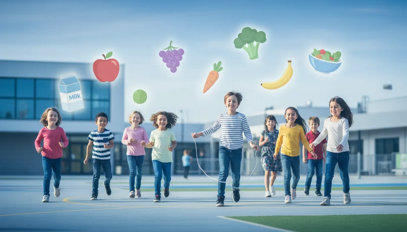 소아청소년 비만 예방관리수칙 인포그래픽과 함께 건강한 식습관 및 신체활동을 실천하는 어린이들의 모습