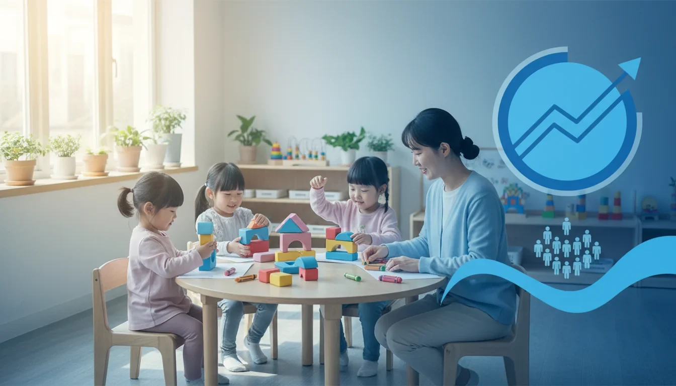 어린이집에서 4~5세 유아들이 선생님과 함께 활동하는 모습과 기관 유형별 무상보육 월 지원 금액 안내 그래픽