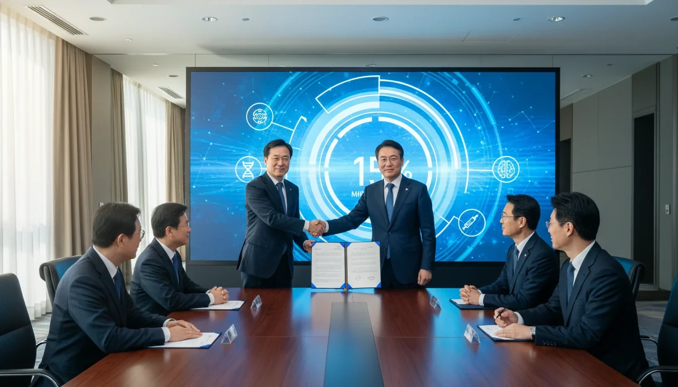 보건복지부와 로슈 관계자들이 서울에서 7,100억 원 규모 바이오헬스 산업 투자 양해각서(MOU)에 서명하는 장면