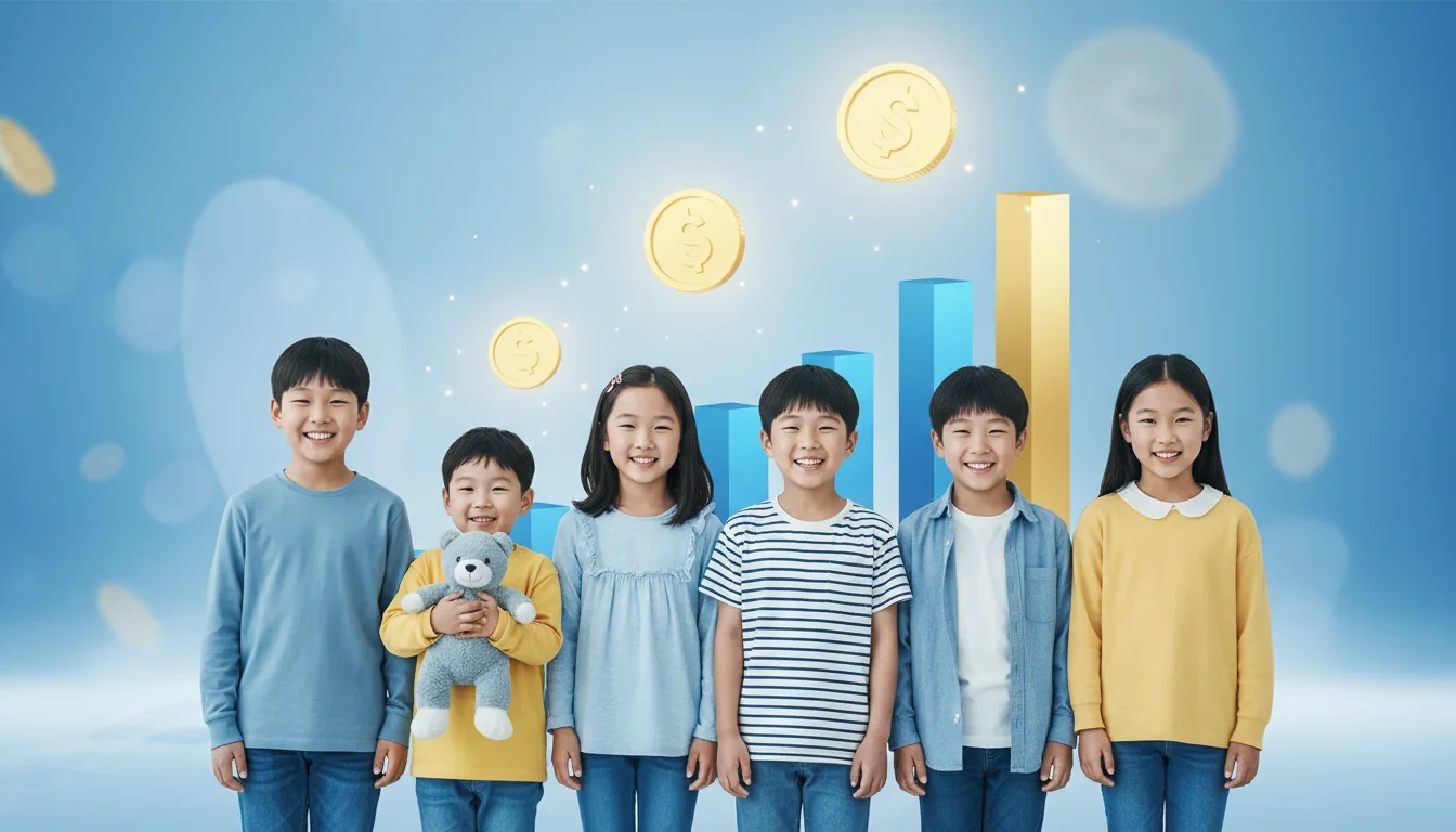 아동수당 확대 혜택을 상징하는 다양한 연령대의 어린이들과 월 지급액 증가를 나타내는 그래프 이미지