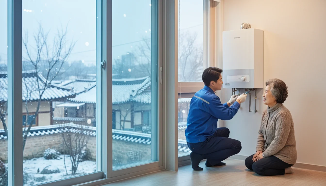 노후 주택에 고효율 보일러와 단열재를 설치하는 저소득층 에너지효율개선사업 공사 현장