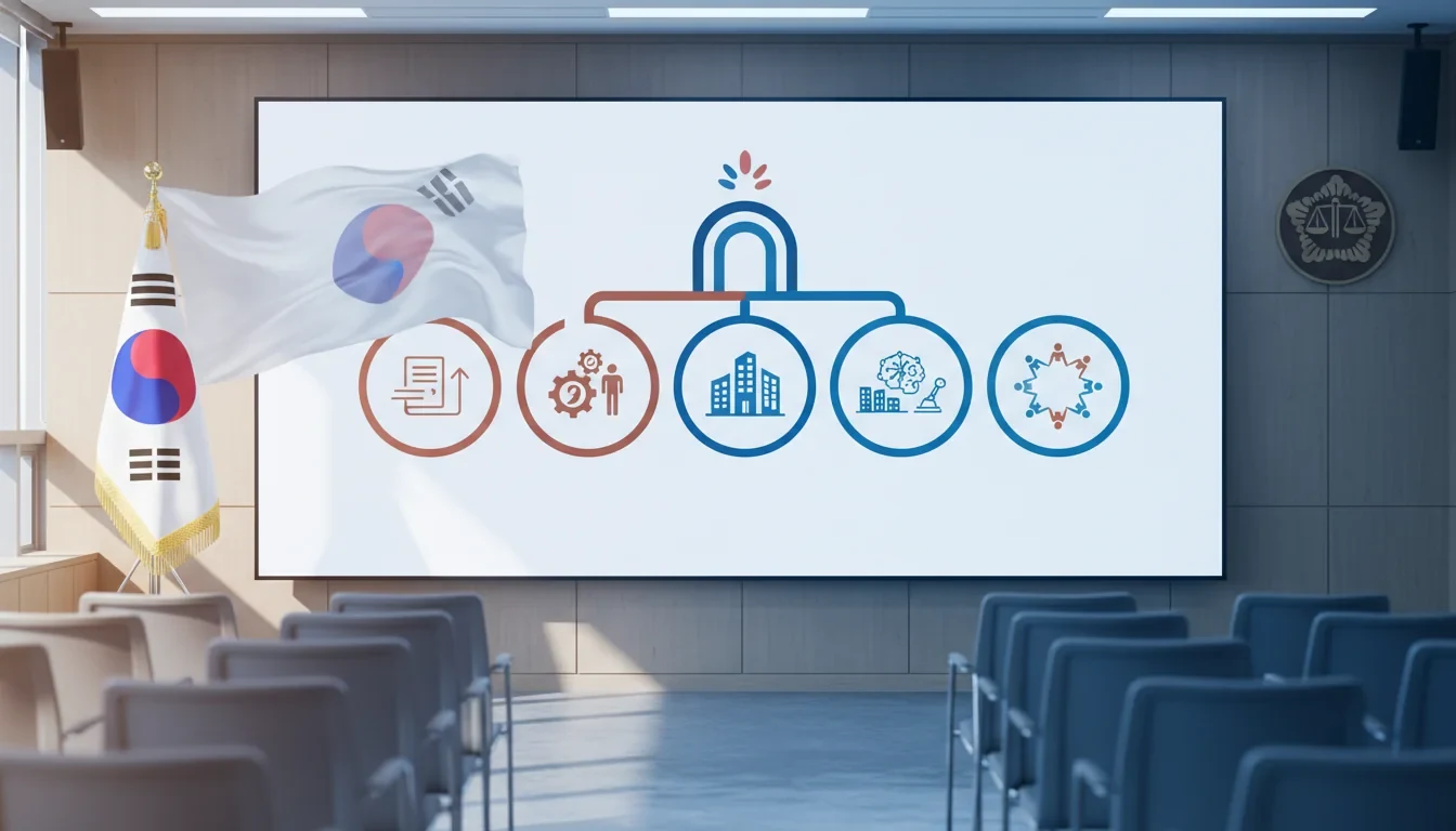 법무부 정부과천청사 브리핑룸에서 2030 이민정책 미래전략 5대 분야 비자 개편안을 도표로 설명하는 장면