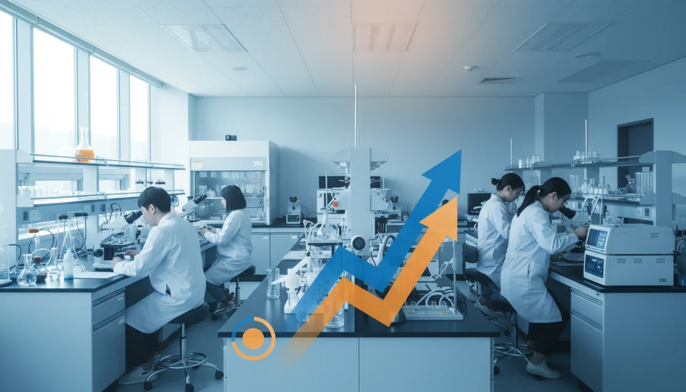 이공계 대학원생이 연구실에서 실험 중인 모습과 2026년 참여대학 43개교 확대를 보여주는 비교 그래프
