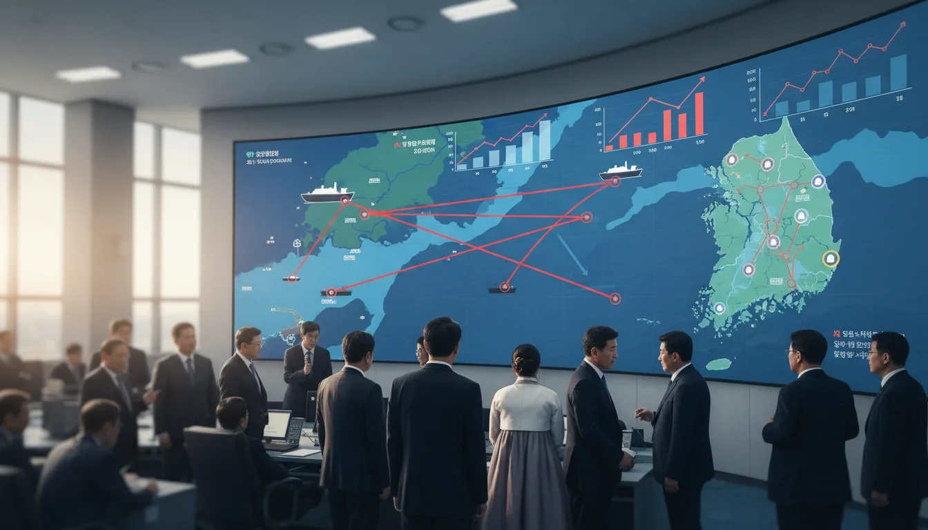 산업통상자원부 중동상황 대응본부 긴급회의에서 호르무즈 해협 원유 수급 상황판을 점검하는 모습