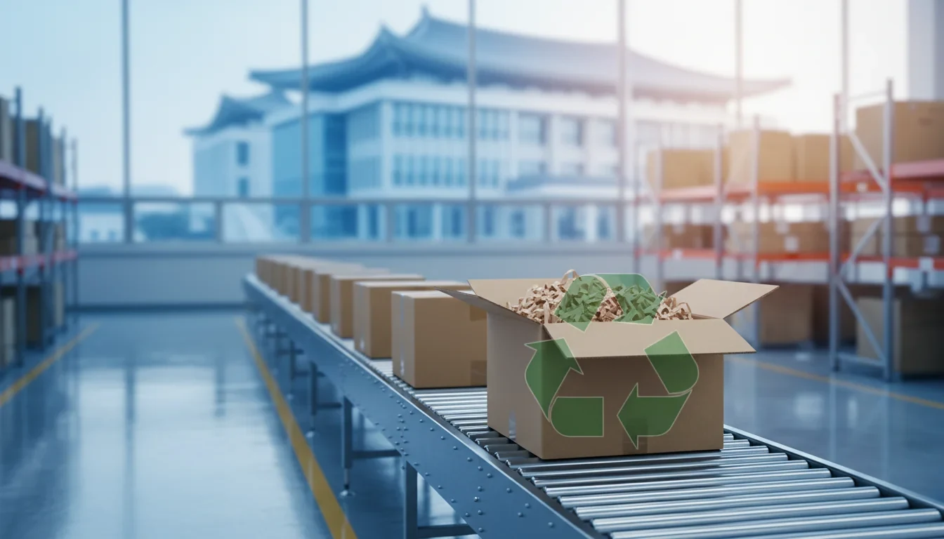 택배 상자 안에 완충재와 함께 포장된 제품이 놓인 물류센터 작업대 위 모습