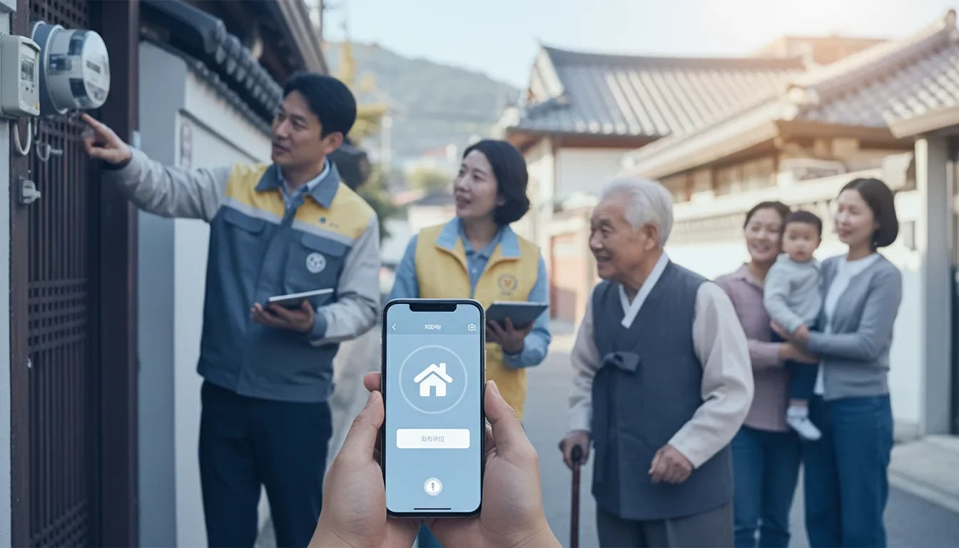 스마트폰 화면에 복지위기 알림 앱이 열려 있고, 주민센터 담당자가 위기가구를 방문해 상담하는 모습
