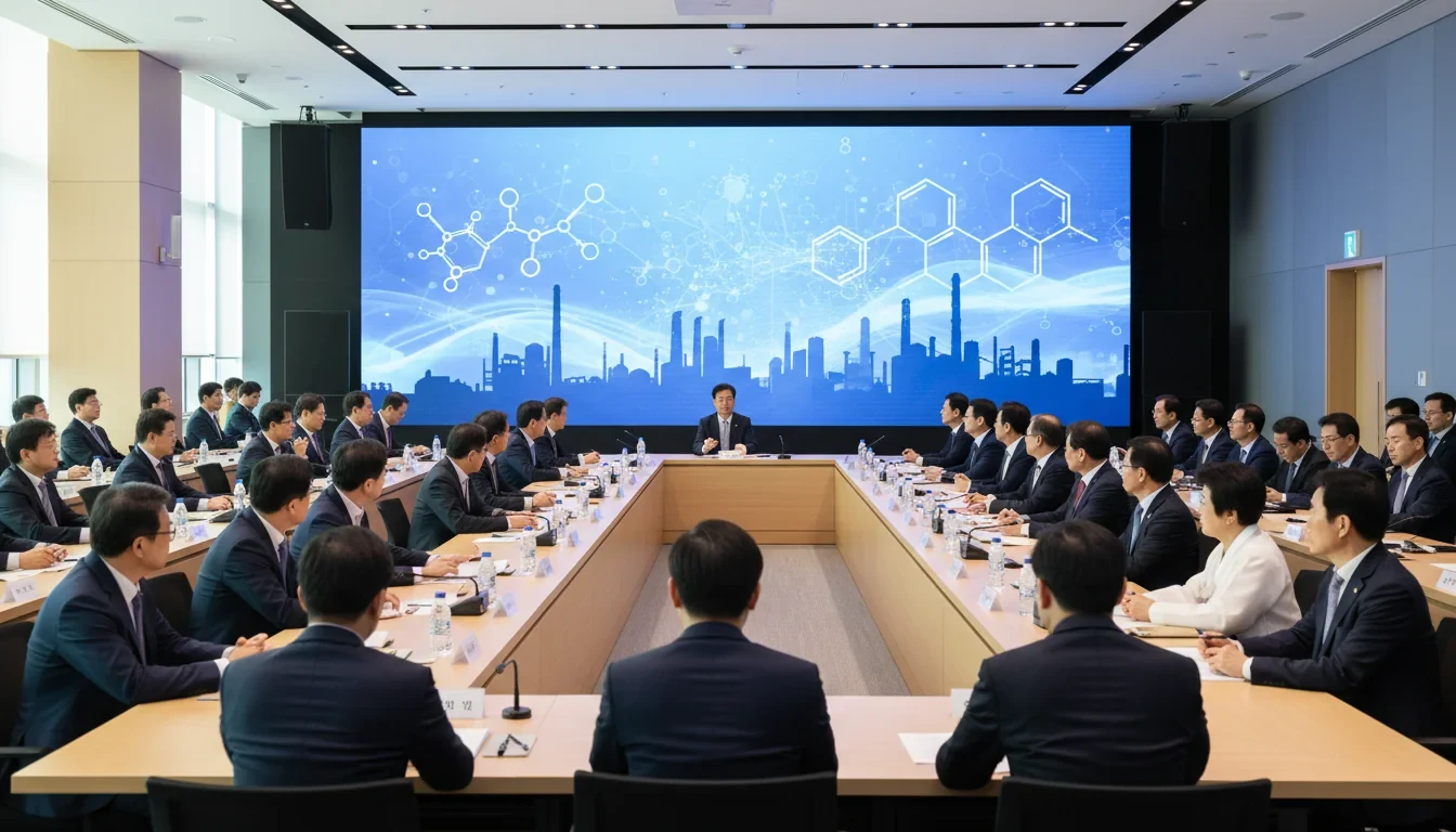 대한상공회의소에서 열린 화학산업 혁신 얼라이언스 총회에서 산업통상자원부 관계자와 기업 대표들이 K-화학 기술혁신 로드맵을 논의하는 장면
