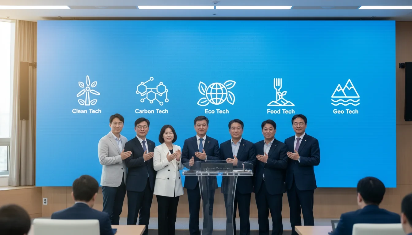 기후에너지환경부와 중소벤처기업부 관계자들이 기후테크 혁신 연합 출범식에서 5대 분야 패널을 배경으로 공동 선언하는 모습