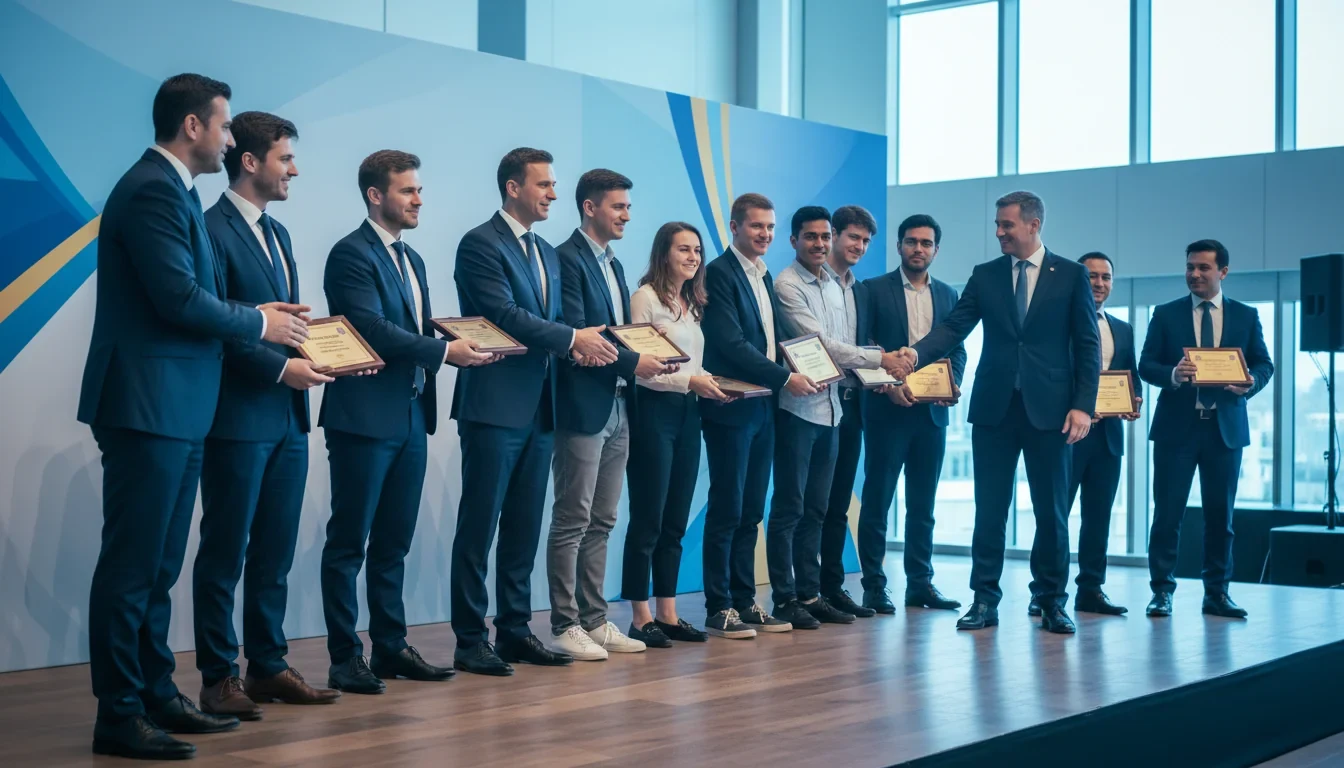 2026 벤처창업진흥 유공 포상 신청 안내 포스터와 훈장·표창장이 놓인 시상대