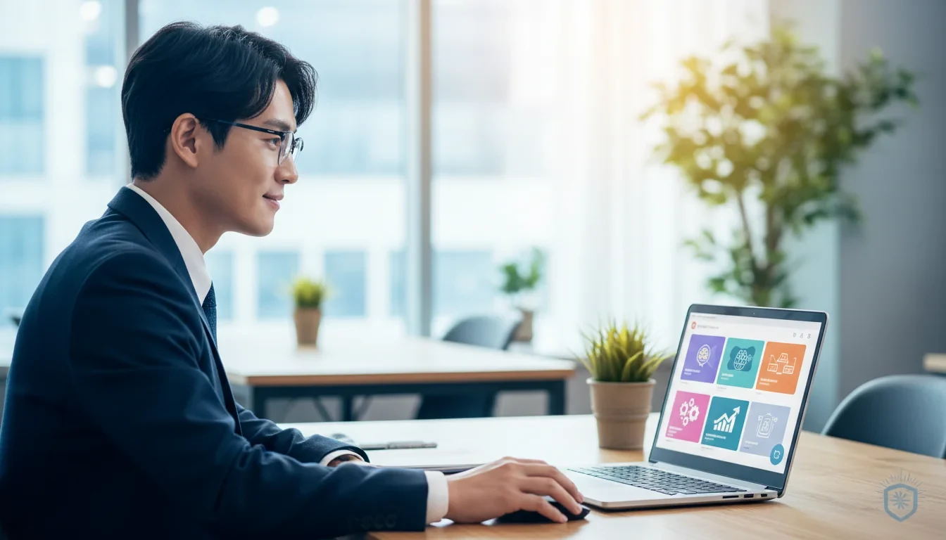 중소기업 근로자가 노트북으로 디지털 원격훈련 아카이브 플랫폼에 접속하여 온라인 교육 콘텐츠를 학습하는 모습