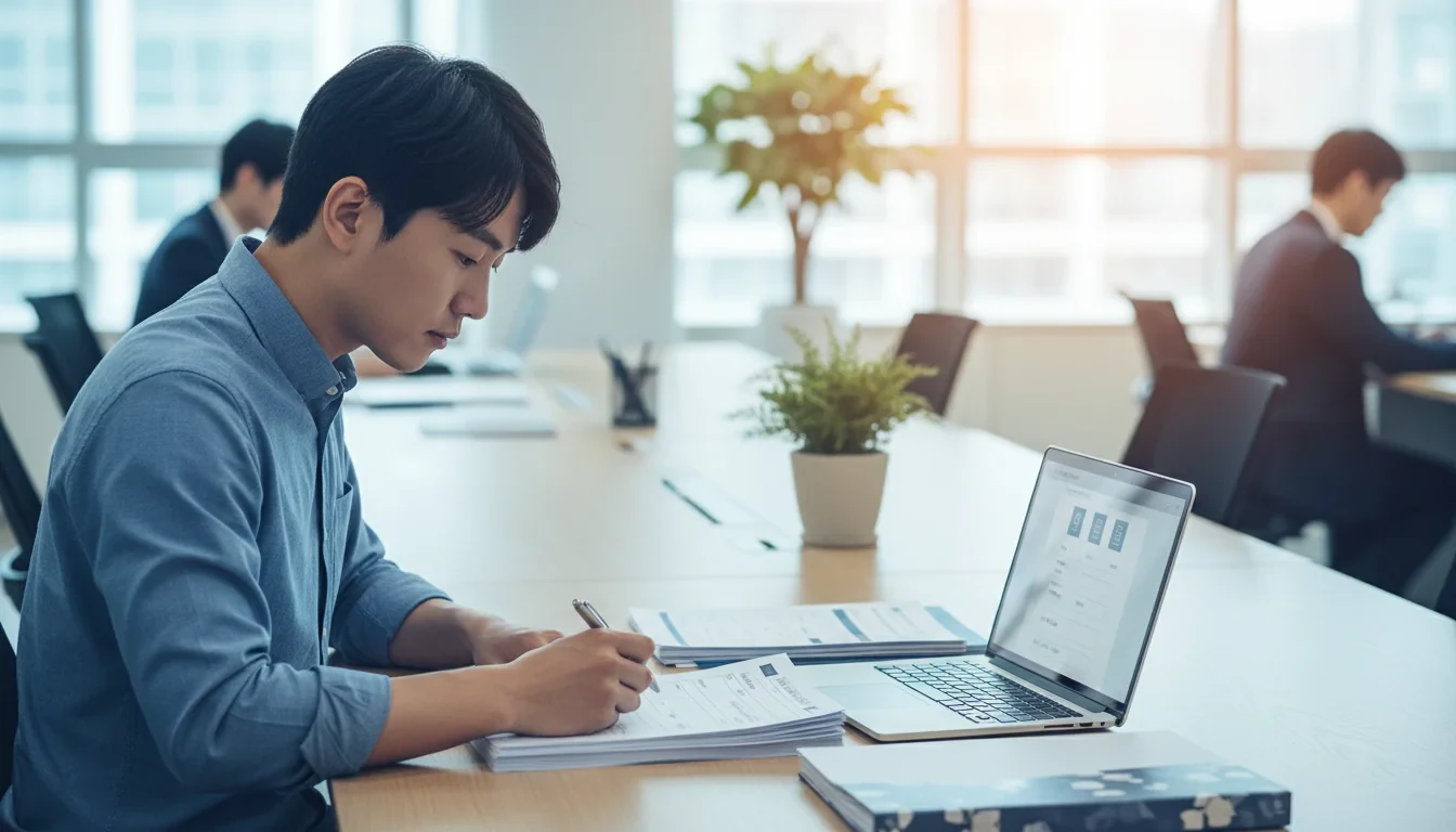 고용센터에서 실업급여 수급자격 인정 신청서를 작성하는 구직자의 모습