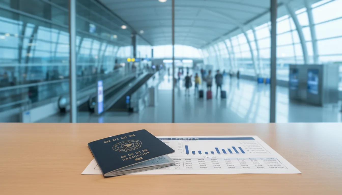 여권과 함께 놓인 권종별 수수료 안내표와 김해국제공항 긴급여권 민원센터 표지판