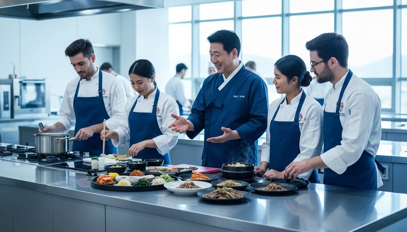 수라학교에서 외국인 교육생들이 한식 조리 실습을 받고 있는 교육 현장 모습