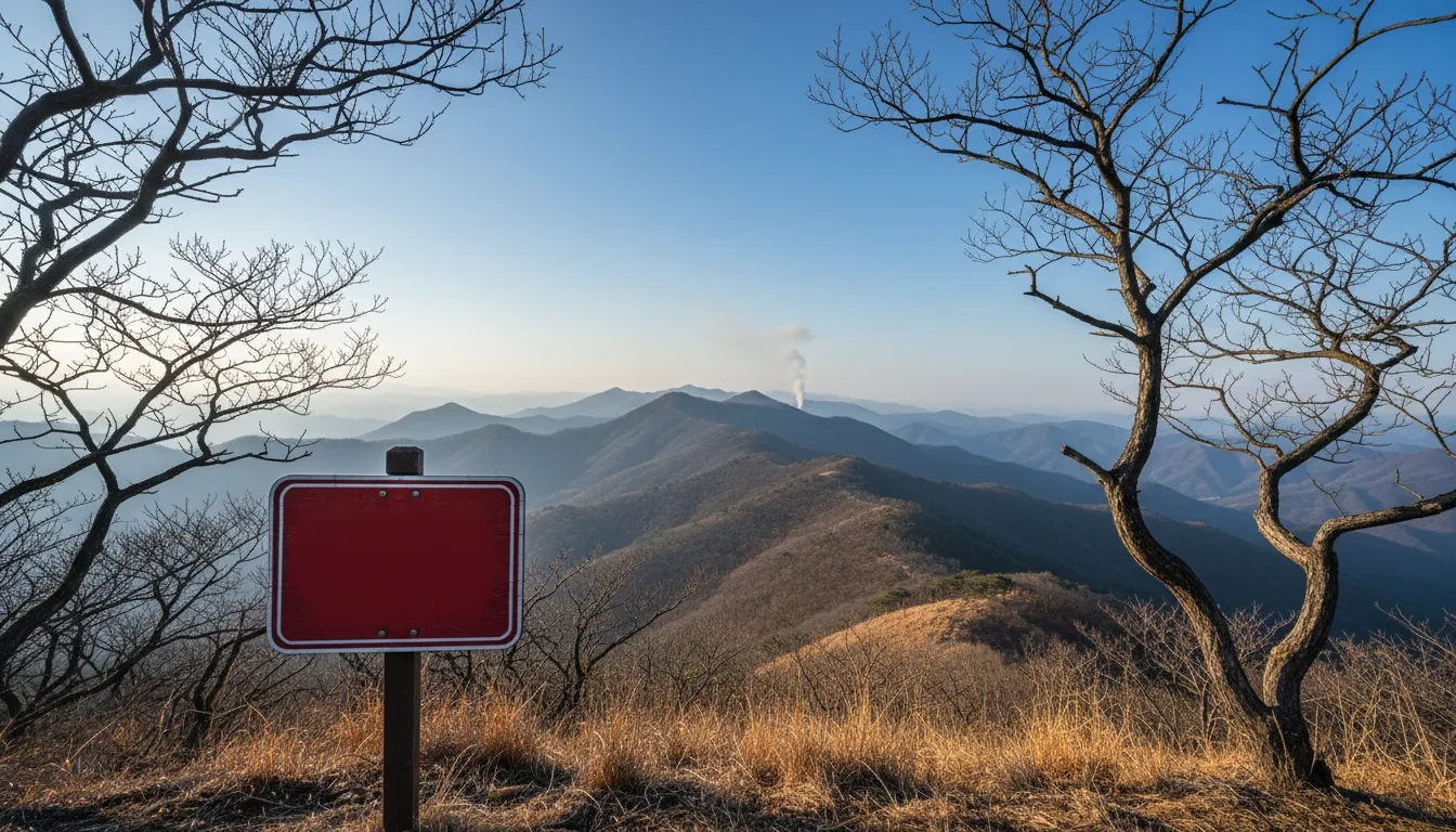 건조한 봄철 산림에서 산불이 번지고 있는 모습과 산불 예방 안내 표지판