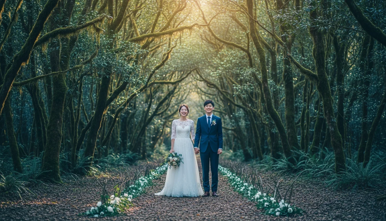 국립공원 숲속 야외 결혼식장에서 자연을 배경으로 예식을 올리는 예비 부부의 모습