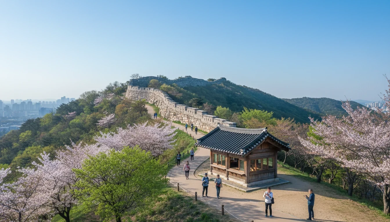 백악산 한양도성 성곽길을 따라 위치한 안내소에서 탐방객들이 해설을 듣고 있는 모습