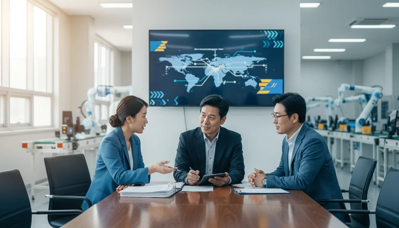 중소기업 담당자가 전문 컨설턴트와 함께 공급망 실사 진단 결과를 검토하는 회의 장면